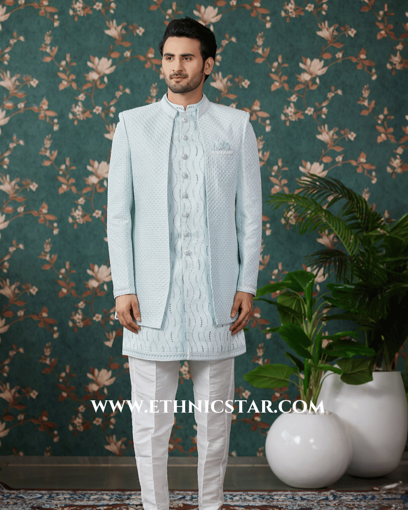 Pista Green Wedding Wear Indowestern Set With Embroidered Jacket